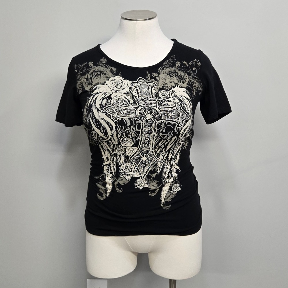 Y2K Biker Glam T-Shirt Plus Size 1X Cross Rhinestone Rose Tattoo Cutout Back